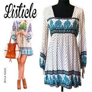 LISTICLE Bohemian Lined Mini Dress Long Sleeves (M)